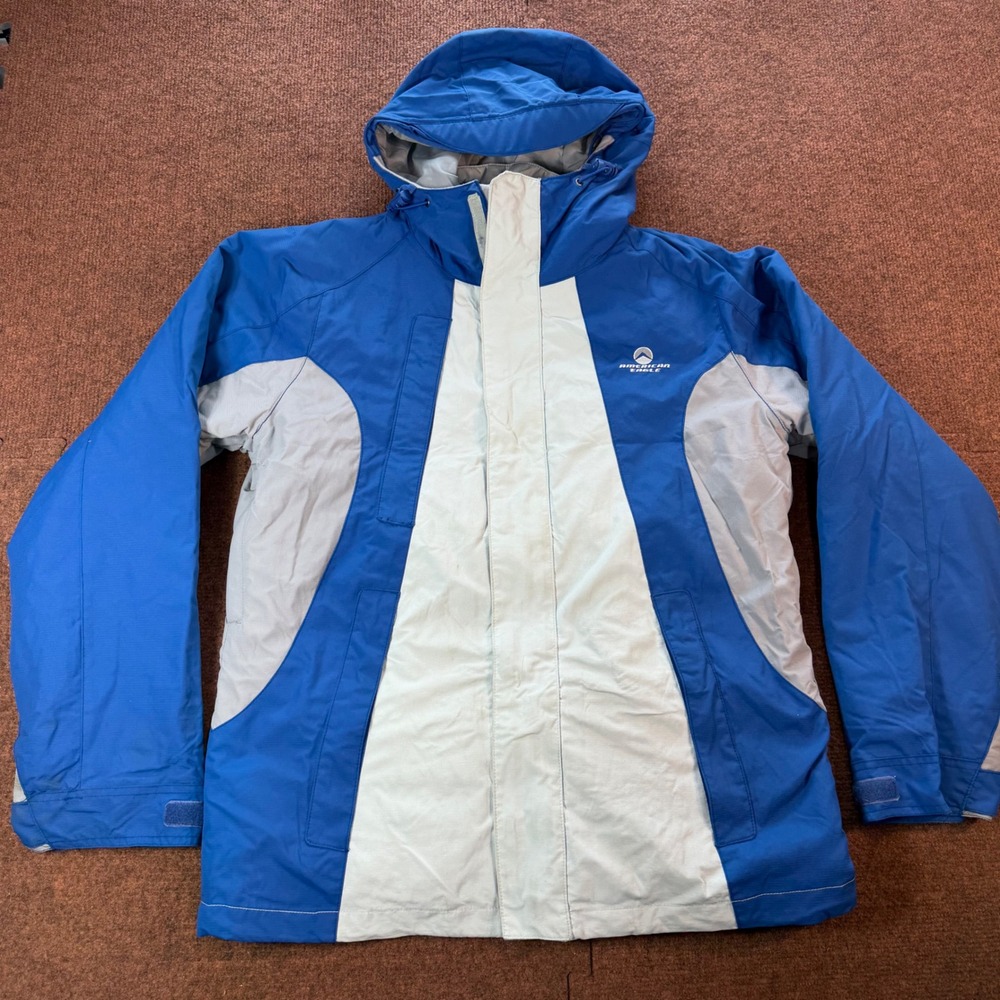 A- American Eagle AE77 Performance Ski Jacket Mens Blue Gray Hooded Snowboard M